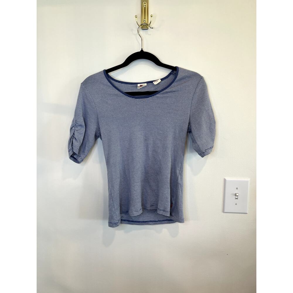 Levi’s Blue White Striped Tee Ruched Sleeve Cotton Top Medium Casual